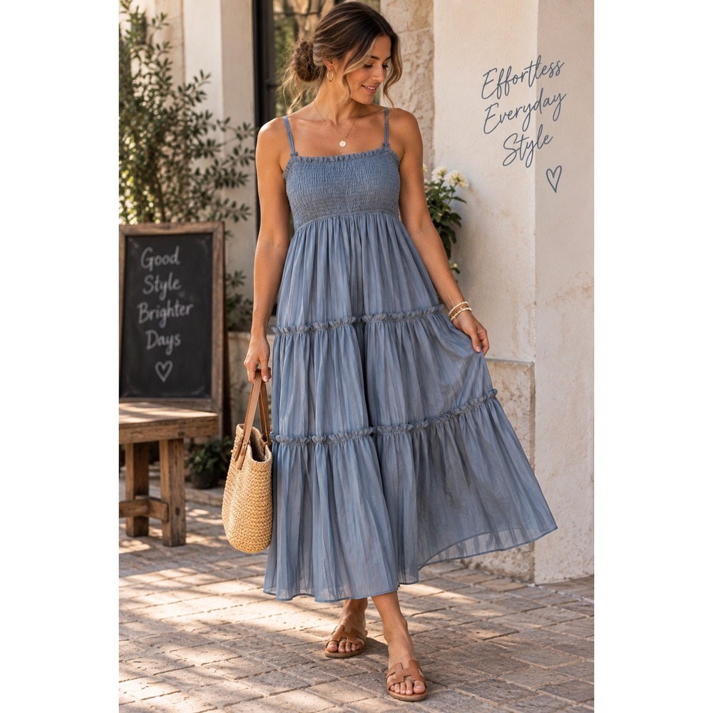 Wishlist Apparel Blue Pleated Smocked Tiered Maxi Dress Sz Medium